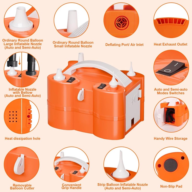 FLSEPAMB Electric Balloon Pump, 3-in-1 Portable Electric Air Balloon Blower Machine Balloon Pump 2 Motor Dual Nozzle Balloon Inflator for Latex 260Q Long Foil Balloons Swimming Rings Air Beds - Image 4